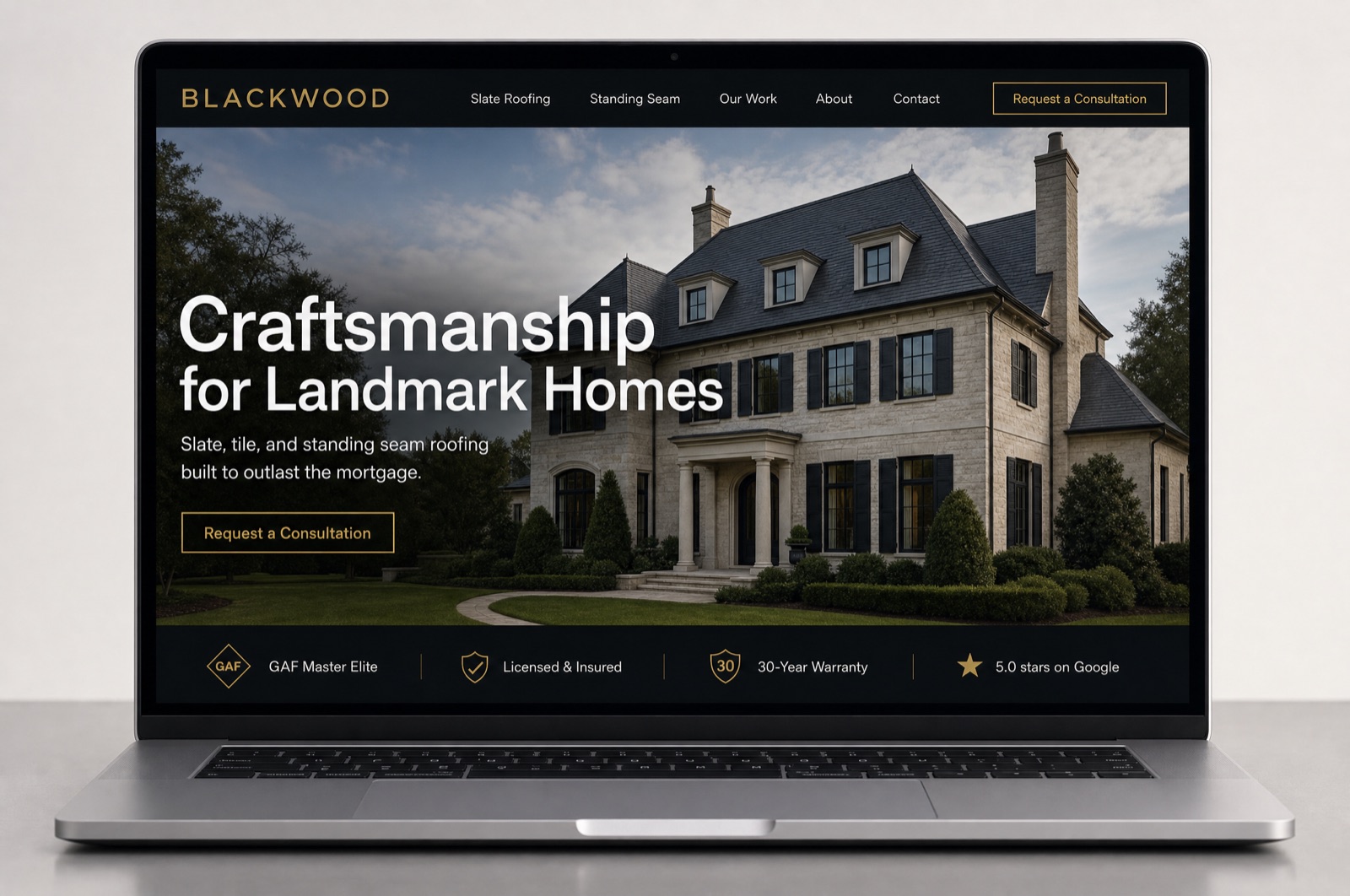 Premium dark roofing website mockup for a fictional brand named Blackwood, with a gold accent and a slate-roofed stone estate
